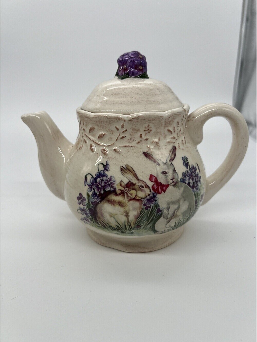 Easter Treasures Teapot by Cracker Barrel Bunny Rabbit Lilacs
